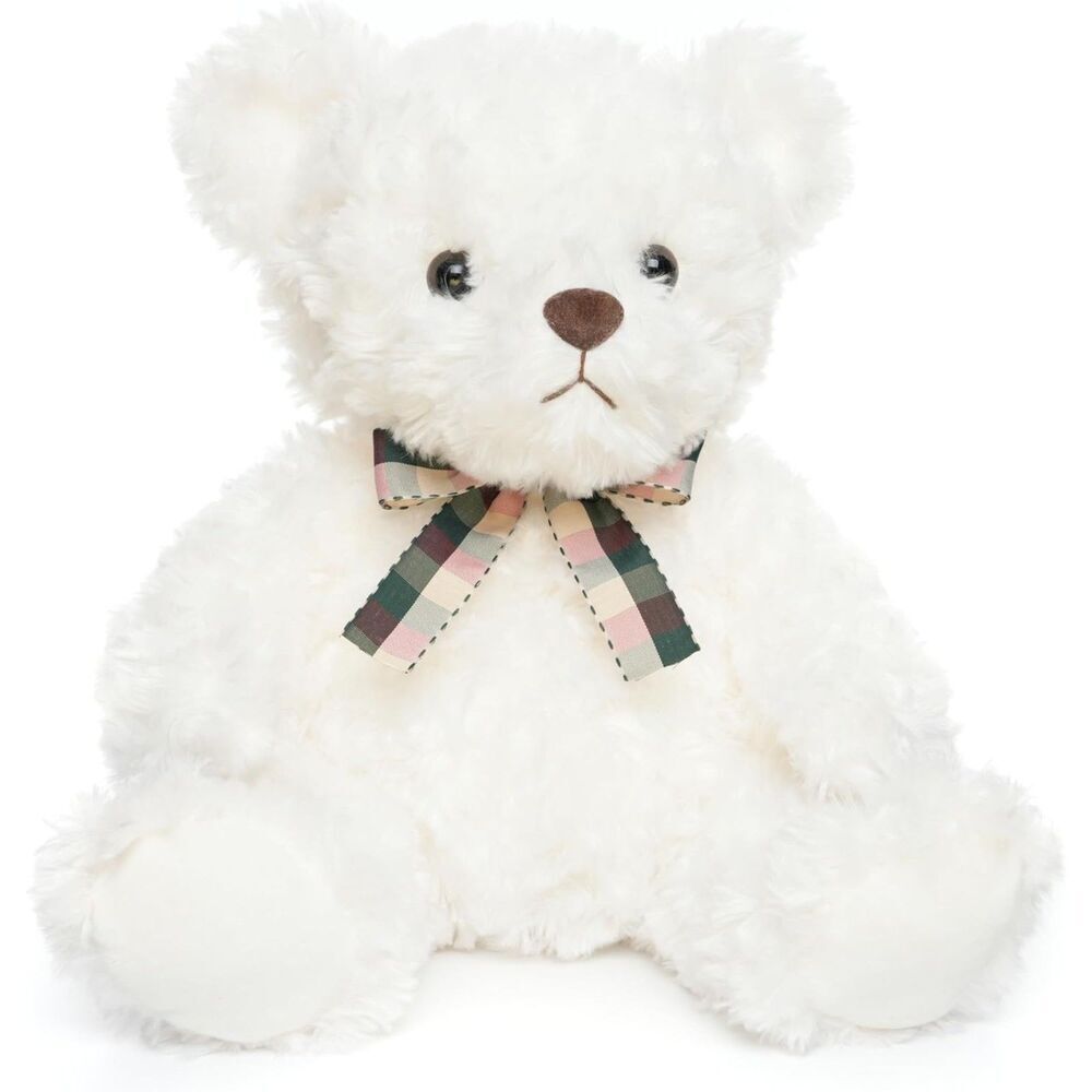 12 inches Fluffy White Teddy Bear Stuffed Animals Plush Toys with Lattice Tie